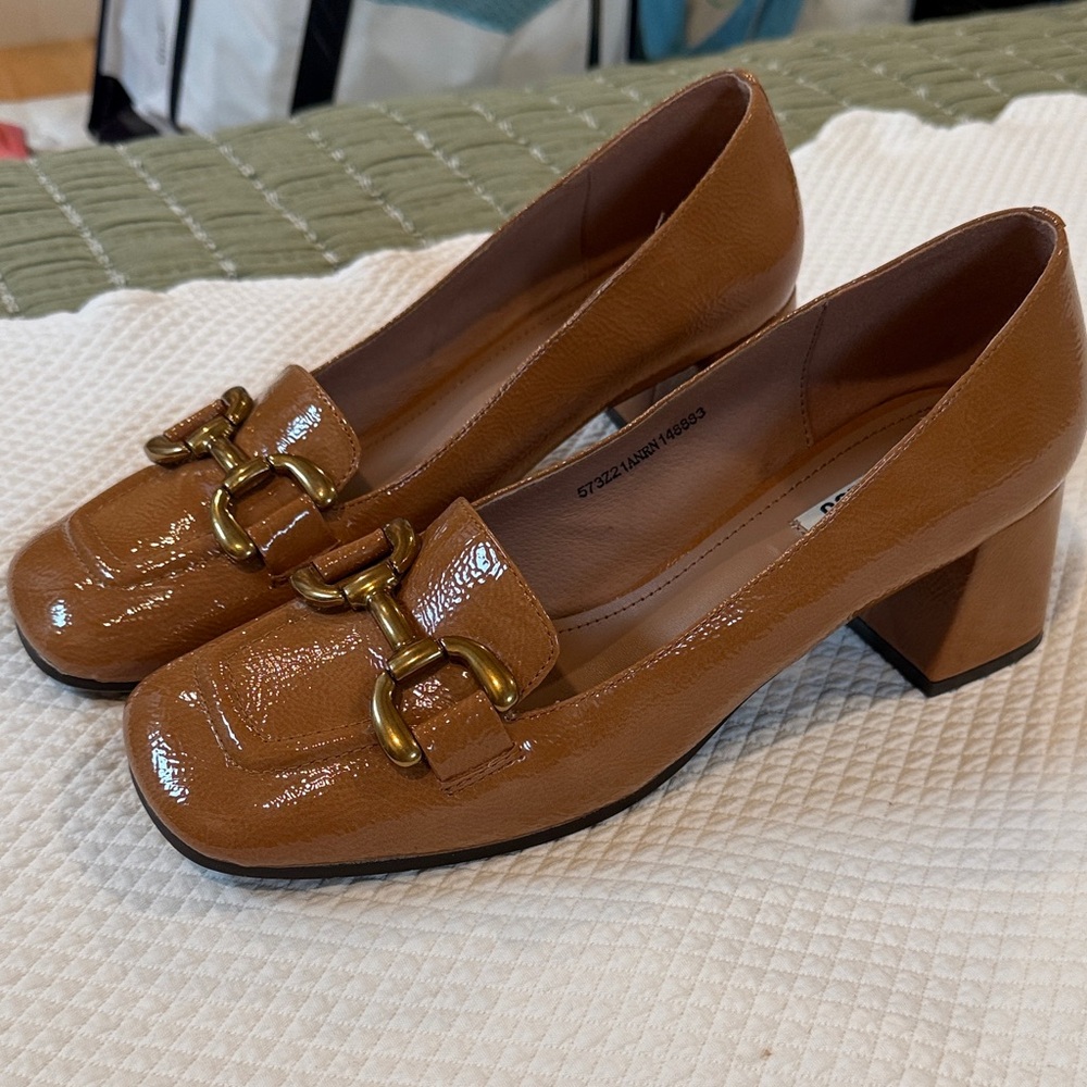 Bibi Lou Patent Tan Block Heel Loafers with Gold-Tone Bit